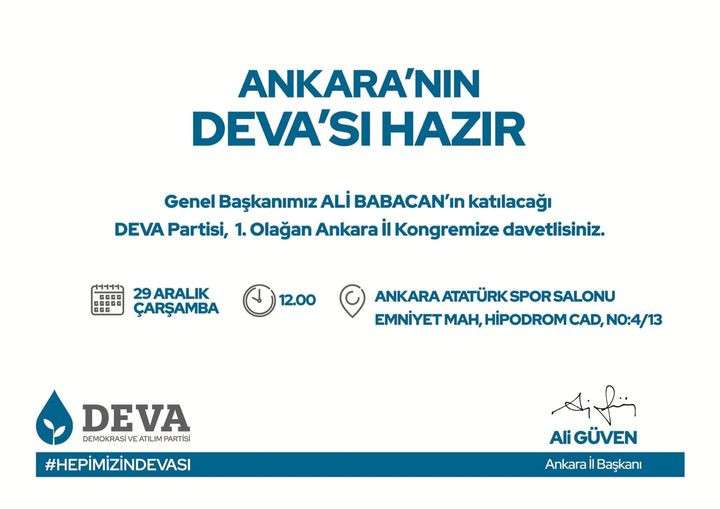 DEVA Partisi Ankara İl Kongresi yarın gerçekleşecek